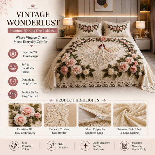Premium 7D Cotton Blend King Size Bedsheet Set with 2 Pillow Covers | Ivory Rose Floral Design | Soft, Breathable & Luxury Bed Linen (90x100 inches)