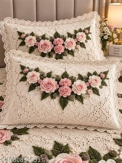 Premium 7D Cotton Blend King Size Bedsheet Set with 2 Pillow Covers | Ivory Rose Floral Design | Soft, Breathable & Luxury Bed Linen (90x100 inches)